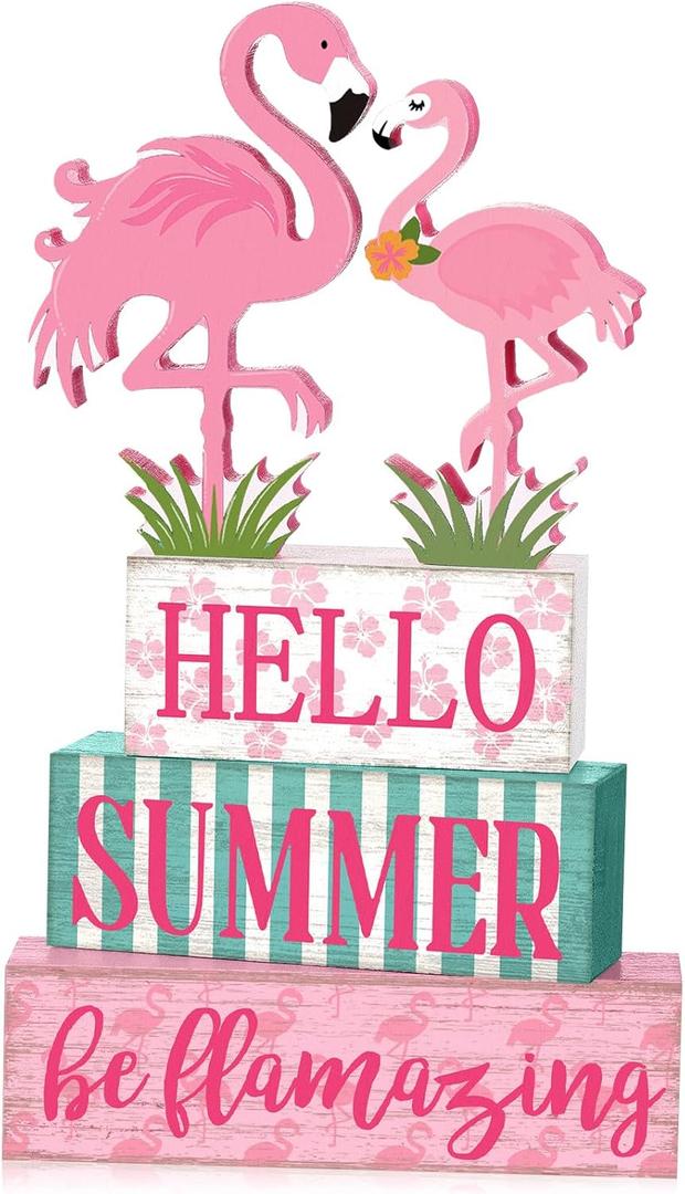 Yuntau 4 Pcs Summer Flamingo Table Decor Pink Flamingo Wood Sign Block Rustic Hawaii Tropical Tiered Tray Decor Farmhouse Hello Summer Table Centerpiece for Home Indoor Office Desk Shelf Decorations