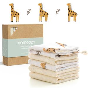 Momcozy Baby Washcloths - 4 Layer Design| Medium Thickness| Soft & Absorbent| Premium Cotton for Newborns'Skin-Great for Bathing, Wiping & on-The-go Use, Shower Gift and Essential(5 Pack, 10x10 inch) (Sunny Giraffe)