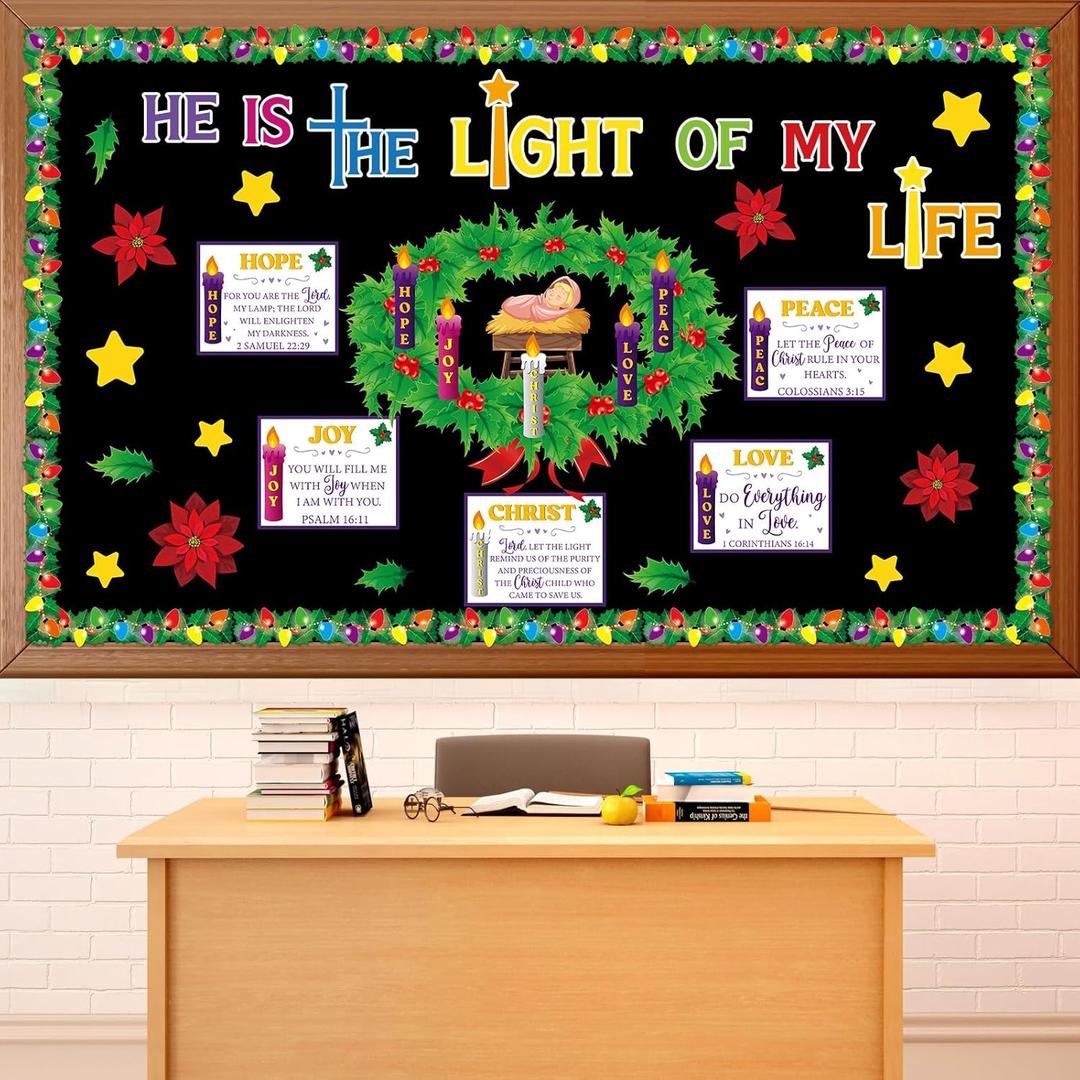 Christmas Advent Bulletin Board Set Advent Wreath Candle Classroom Decoration Love Hope Joy Peace Cutouts Xmas Nativity Bulletin Board for Winter Holiday Christian Religious Sunday School Wall Decor