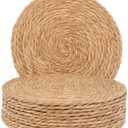 Defined Deco Woven Placemats Set of 10, 13" Round Rattan Placemats,Natural Hand-Woven Water Hyacinth, Farmhouse Weave Place Mats, Rustic Braided Wicker Table Mats for Dining Table, Home, Wedding