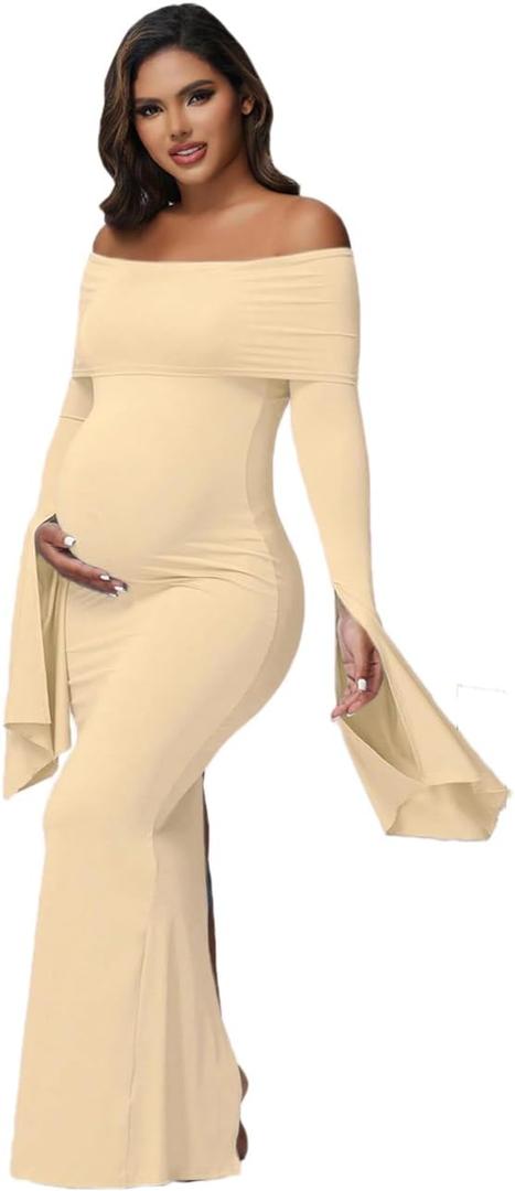 Women's Maternity Long Sleeve Off Shoulder Pregnancy Photography Dress for Baby Shower Photoshoot Party, XL