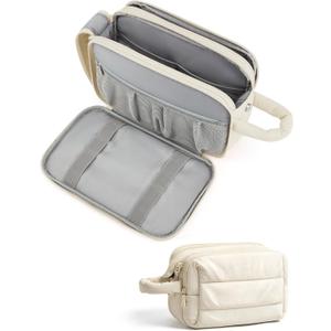 BAGSMART Travel Toiletry Bag for Women, Puffy Cosmetic Makeup Bag Organizer, Large Wide-open Travel Organizer for Toiletries, Dopp Kit Water-resistant Makeup Case for Accessories-Beige