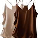 Ekouaer Womens Satin Cami Tops 2 Pack V Neck Silk Camisole Tank Top Spaghetti Strap Racerback Camis Blouse Shirt (Medium, Light Brown/Brown)