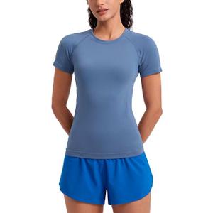 CRZ YOGA Seamless Workout Tops for Women Hip Length - Athletic Running Gym Yoga Short Sleeve Shirts Breathable Crewneck Tees, Size S