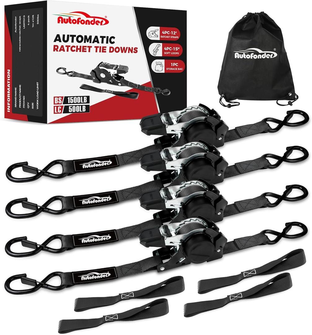 Retractable Ratchet Straps with Soft Loops (4 Pack)-(1,500lb Break Strength)-1 Inch x 12 Feet Heavy Duty Auto Self Retracting Tie Down Strap for Truck, Cargo Trailer, Motorcycle, Rad & More