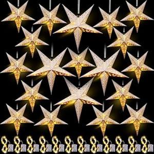 Hortsun 20 Set Christmas Paper Star Shape Lantern 2 Size 17.7", 11.8" Christmas Hanging Ornaments Lights 3D Lampshade Hanging Decor with 20 LED Light for Xmas New Year (White)