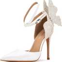 FINDVELL Gold High Heels Butterfly Back Sexy Stiletto Pumps Closed Toe Sparkly Ankle Strap Heels Sandals Dress Shoes for Women (7, White)