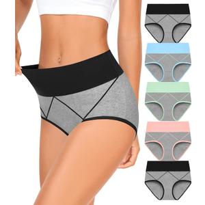 MISSWHO Womens High Waisted Cotton Underwear Full Coverage Soft Double-Layer Waisted band Panties (Gray, Large)