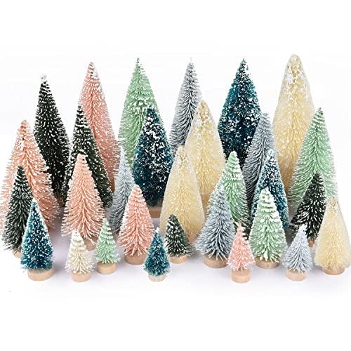 DearHouse 30PCS Artificial Mini Christmas Trees, Mini Pine Tree Sisal Trees with Wood Base Bottle Brush Trees for Christmas Table Top Decor Winter Crafts Ornaments (Pink, 30)