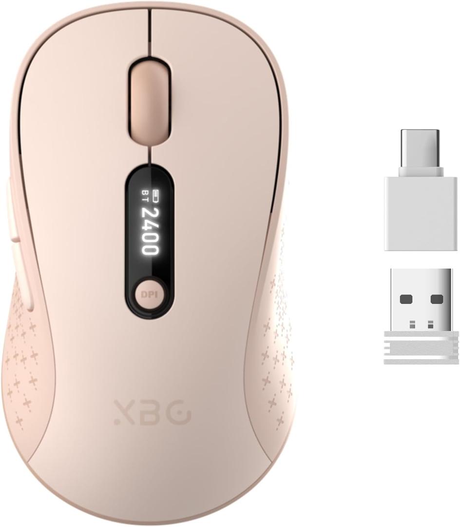 XBG B15pro Wireless Bluetooth Mouse, Bluetooth 5.0/ 4.0 & 2.4G Tri-Mode, Type-C Rechargeable with LED Screen Display, Ergonomic Silent Click for Laptop/ PC/ Tablet, Multi-Device & Office Use-Pink