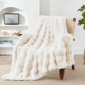 EXQ Home Fluffy Faux Rabbit Fur Throw Blanket for Couch, Soft Luxury Bubble Double Sided Plush Blanket, Cozy Thick Warm Fuzzy Decorative Blanket for Bed Chair Sofa Living Room,50"X60"(Beige)