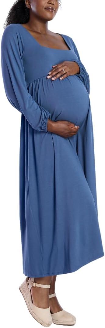 Motherhood Maternity Womens Long Sleeve Empire Waist Maxi Pregnancy Dress (Small, Vintage Indigo)