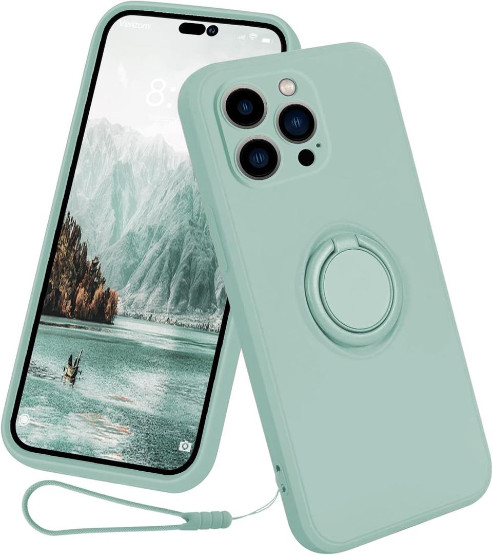 13peas Case for iPhone 14 Pro2022 Released, Silicone case with Ring 360rotatable Kickstand Cover Support Magnetic Car MountProtective Cover with Strap Lanyard (Light Cyan)