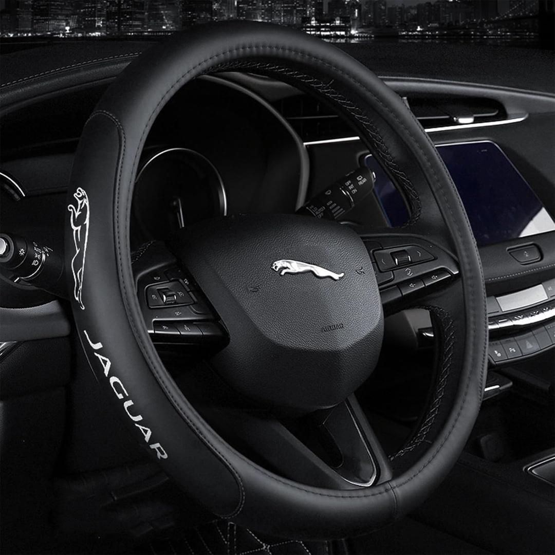 Aiemnnie for Jaguar Car Steering Wheel Cover Custom PU Leather Car Steering Wheel Cover Non-Slip Car Steering Wheel Protector Universal for Diameter 38cm(15") for Jaguar Car Accessories
