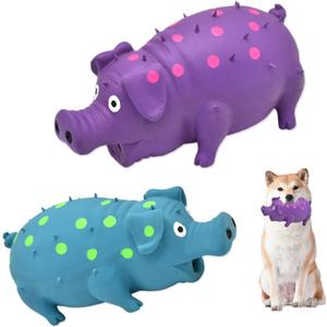 Pig Squeaky Dog Toy, 2 PCS Interactive Rubber Dog Chew Toy - Durable Latex Spot Grunting Pig Toys That Oink for Small Medium Large Dogs (Blue, Purple)