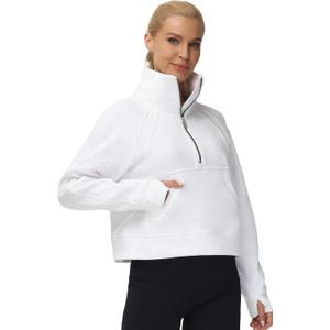 THE GYM PEOPLE Womens' Half Zip Pullover Fleece Stand Collar Crop Sweatshirt with Pockets Thumb Hole (White, S)