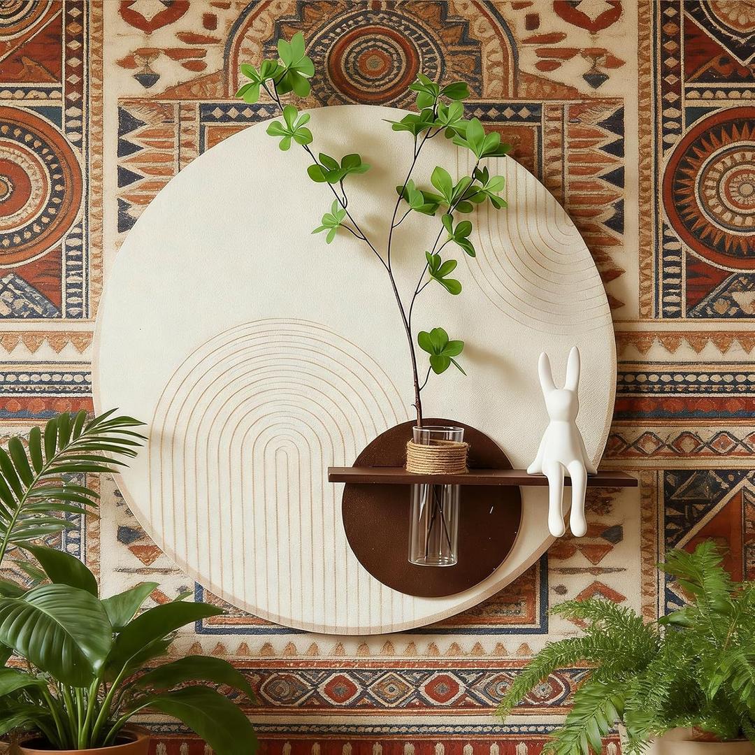 3D Textured Abstract Wall Art Decor,Boho Neutral Beige and Brown Modern Minimalist Artwork with Vase for Walls,Large Round Sandstone Geometric Painting for Living Room, Bedroom, Office, Hallway, 24x24