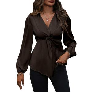 SweatyRocks Women's Twist Front V Neck Long Lantern Sleeve Blouse Elegant Asymmetrical Hem Peplum Shirt Tops Brown, Medium 