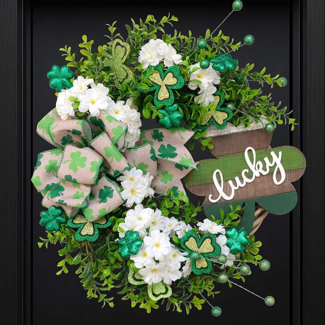 Bibelot 20" St. Patricks Day Decorations for Front Door Artificial Green Wreath Lucky Shamrock Board Clover Bow Leaves and Flowers Spring Summer Home Party Outdoor/Indoor Farmhouse Porch Decor