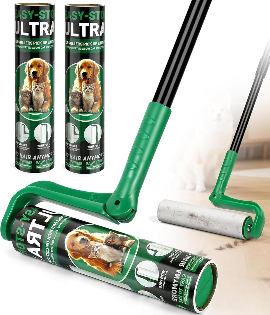 10" Large Lint Roller for Pet Hair Extra Sticky, Long Handle Floor Sticky Rollers with Big Lint Roller Refills for Cleaning Carpets, Cars, Furniture,Clothing, and Pet Hair, Green