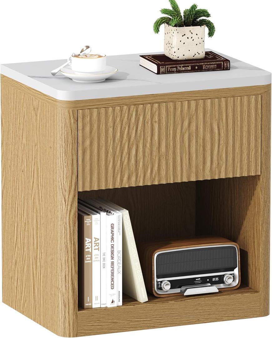 Yusong Night Stand, Wood Fluted Nightstand, 22" Large Bedside Table End Table with Faux Marble Wood Top, Modern Night Stands with Drawer Storage for Bedroom Living Room, Natural Oak