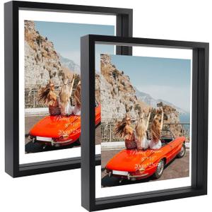 Trwcrt 8x10 Floating Picture Frame Set of 2, Double Glass Rustic Photo Frames Display up to 7 x 9 Photos for Tabletop or Wall Mount, Black