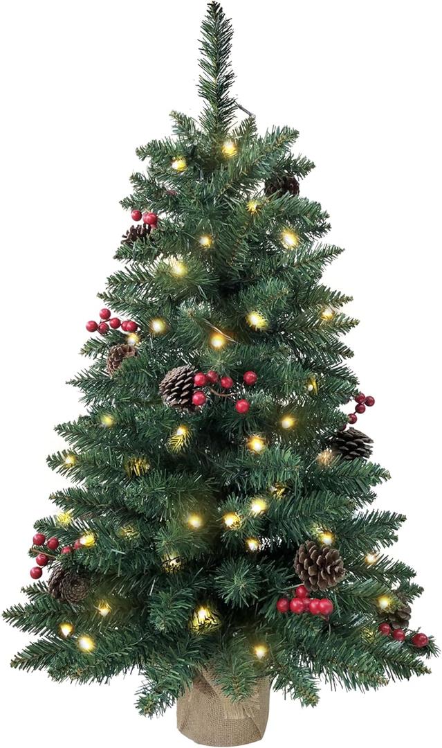 3ft Pre-lit Mini Christmas Tree,Artificial Pine 121 PVC Branches Tips with 11 Red Berries & 11 Pinecone & 70 LED String Lights & Burlap Wrapped Base Decor Xmas Tree for Tabletop,Battery Operated (Green)