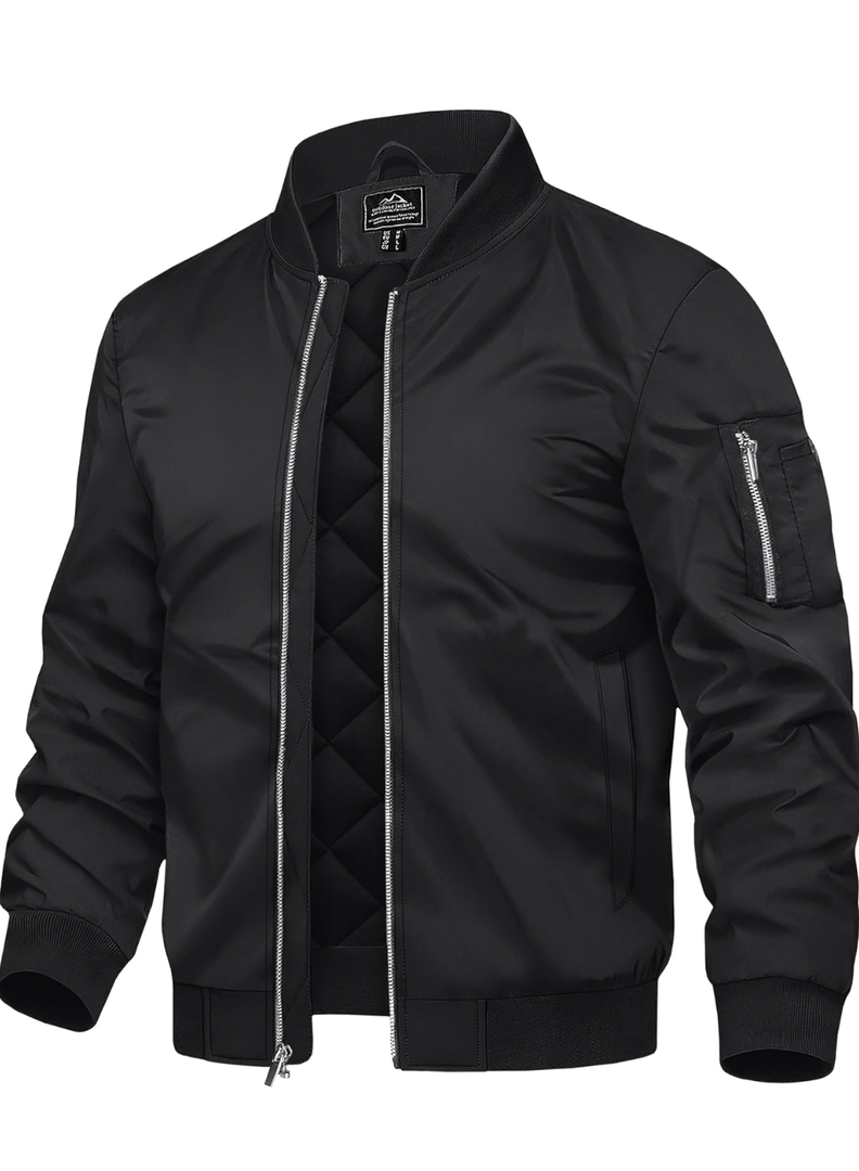 Men's Bomber Jackets Thermal Quilted Jacket Water Resistant Warm Winter Coats (L, Black)