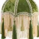 Elegant Victorian Style Lamp Shade with Fringe, Olive Green Velvet Fabric, Scalloped Bell Shape, Replacement Top for Antique Vintage Lamps, 9.8 x 11.3inch