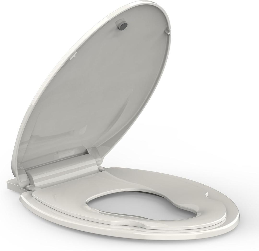 GarveeTech Elongated Toilet Seat with Built-in Toddler Seat for Easy Potty Training Slow Close Feature, Easy Install and Clean, Perfect for Both Adults and Children, Biscuit