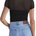 REORIA Women's Sexy Mock Turtle Neck Short Sleeve Shirts Sheer Mesh Ruched Trendy Going Out Bodysuits Tops, Black, Small