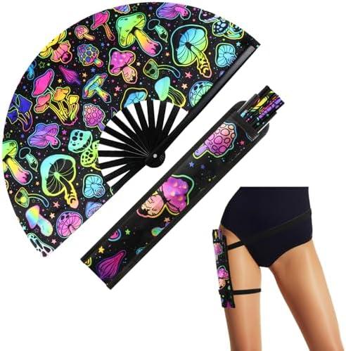 FairySandy Large Rave Fan UV Glow Hand Fan with Holster for Men/women, Disco Party Favor for Edm Music Festival Club Rave Accessories(Reflective Mushroom) Don't Have Cover