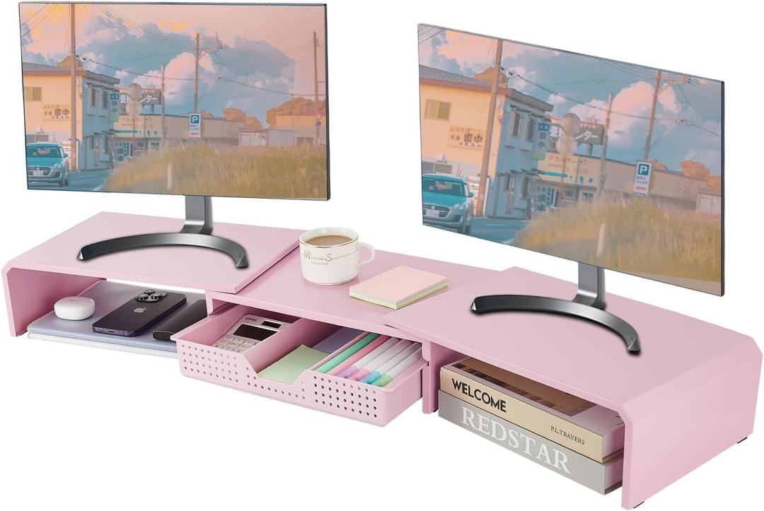 LEKETREE Dual Monitor Stand Riser with Drawer, Desk Organizer and Accessories, Pink Monitor Stand for Desk, Desktop Stand for Computer, Laptop, TV and More (Pink)