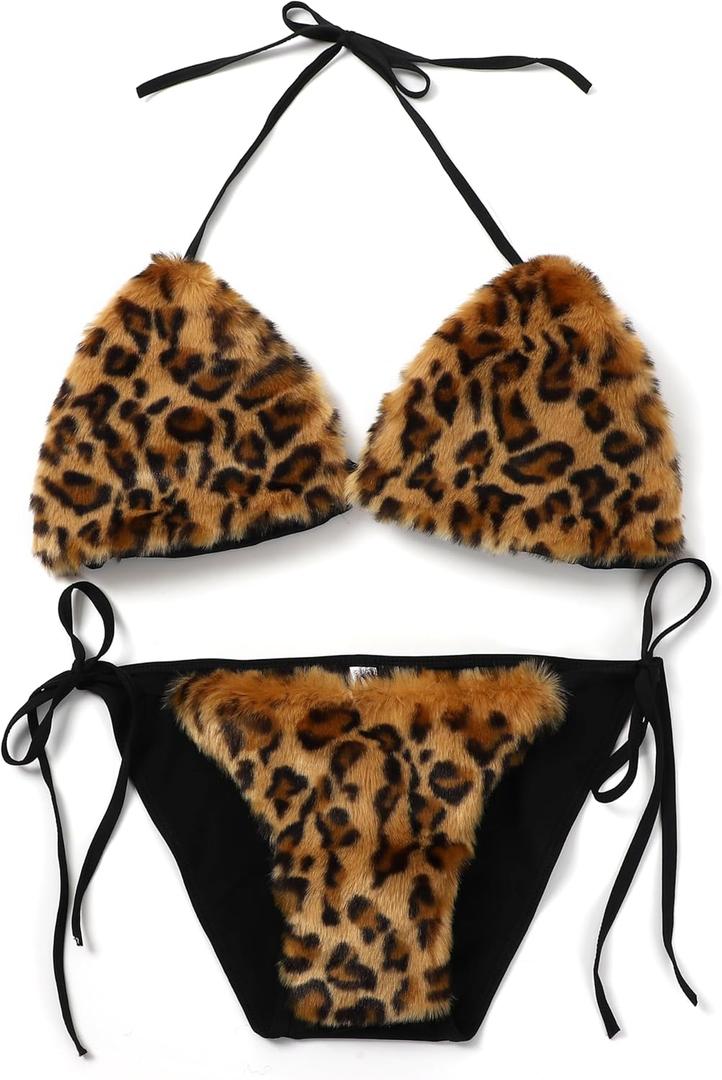 Women's Detachable Faux Fur Bikini Sets Halter Tie Two Piece Swimsuits for Party Stripper Outfit (Leopard)