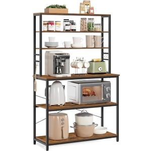 VASAGLE Coffee Bar, 39.4 Inches Baker's Rack for Kitchen with Storage, 6-Tier Kitchen Shelves with 6 Hooks, Microwave Stand, Industrial, Rustic Brown and Ink Black UKKS039K01