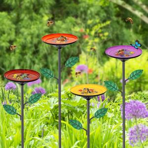 4 Pack Bee Watering Stations, Bee Cups for Garden with 40PCS Glass Marbles,Colorful Bee Butterfly Bath Bowl Waterer, Metal Bee Water Feeder for Outdoor Yard Courtyard Decor (4Pcs-Circular Disk)