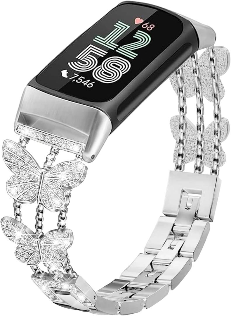 Alociaga Bling Metal Band Compatible with Fitbit Charge 6/ Charge 5 for Women, Dressy Bracelet Jewelry Watch Band for Fitbit Charge 6 Fitness & Health Tracker
