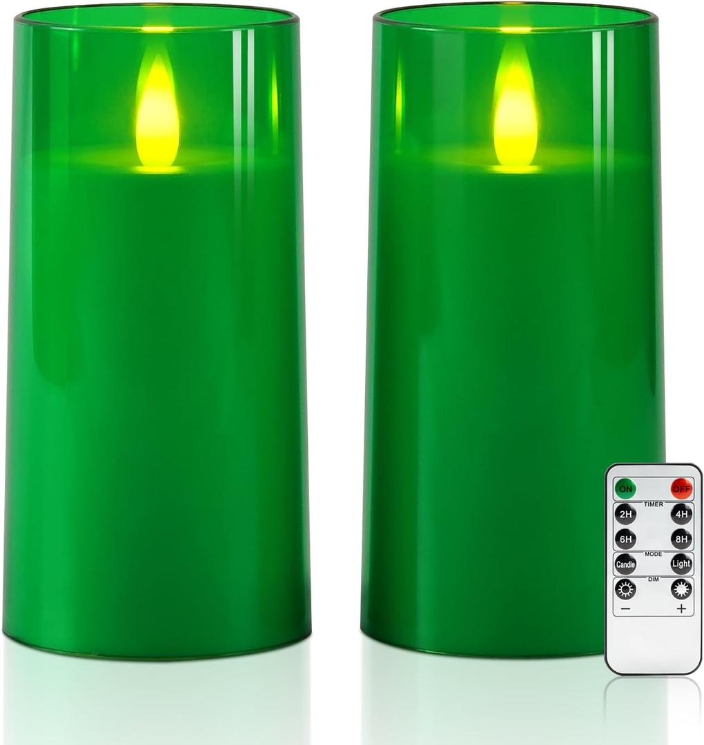 Raycare St. Patrick's Day Flameless Electronic Pillar Candles with Remote Control and Timer- Battery Operated Realistic Flickering LED Fake Candle for Home, Wedding Decor,Green,Set of 2(3"x6"6")