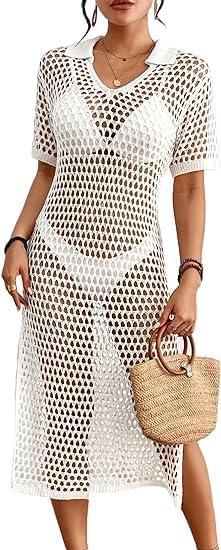 Bsubseach Crochet Beach Cover up 2024 Pool Cover Ups for Women Casual Bathing Suit Cover Ups Side Split White Crochet Beach Dress M
