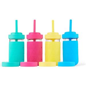 Elk and Friends Kids + Toddler Glass Cups | The Original 12oz Glass Mason Jar with Sleeves + Lids | Silicone Straws + Stopper | Smoothie Cup | Food Storage | Pink/Teal/Blue/Yellow | 4 Pack