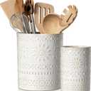 LOVECASA Utensil Holder, 7.2"+5.4" Ceramic Utensil Holder for Countertop, Large Cooking Utensil Crocks for Kitchen Counter, Farmhouse Utensil Vase for Housewarming, Kitchen Decor, Set of 2, Oasis