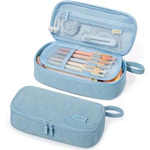 SUNEE Cute Pencil Case, Large Capacity Pencil Pouch Aesthetic Zipper Pencil Bag, Big Storage Pen Organizer for Stationery, Soft Corduroy Pencil Box Back to School Supplies for Teen Girls Boys, Blue