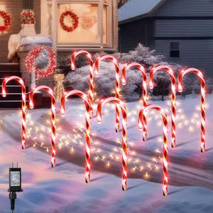 10 in 1 Christmas Candy Cane Lights with Stakes, Outdoor Christmas Decorations, 22 Inch 8 Modes Candy Cane Pathway Lights with Timer for Xmas Walkway Yard Lawn Decor(Red, White)