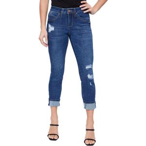 Royalty for Me Women's Royalty for Me Women's Petite Wannabettabutt Mid Rise Mega Cuff Jeans (Indigo Blue Rips) 12P