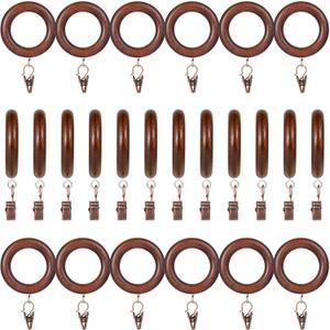 24 Pack Wooden Curtain Rod Rings with Drapery Clips Farmhouse Beech Wood Drapes Rings 1.8 Inch Interior Diameter Rustic for 1.4 Inch Curtain Rod Pole (Retro Brown, Inner Dia 1.8 in)