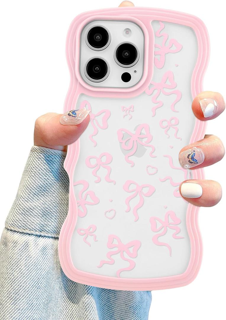 Aitipy for iPhone 13 Pro Max Case, Wavy Frame Cute Ribbon Bowknot Pattern Aesthetic Transparent Back Soft TPU Shockproof Phone Case for Women Girls, Pink