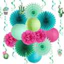 SUNBEAUTY Summer Party Decoration Hanging Cactus Swirls Paper Lanterns Paper Fans kit for Hawaiian Luau Party Tropical Party Baby Shower Birthday Party Supplies