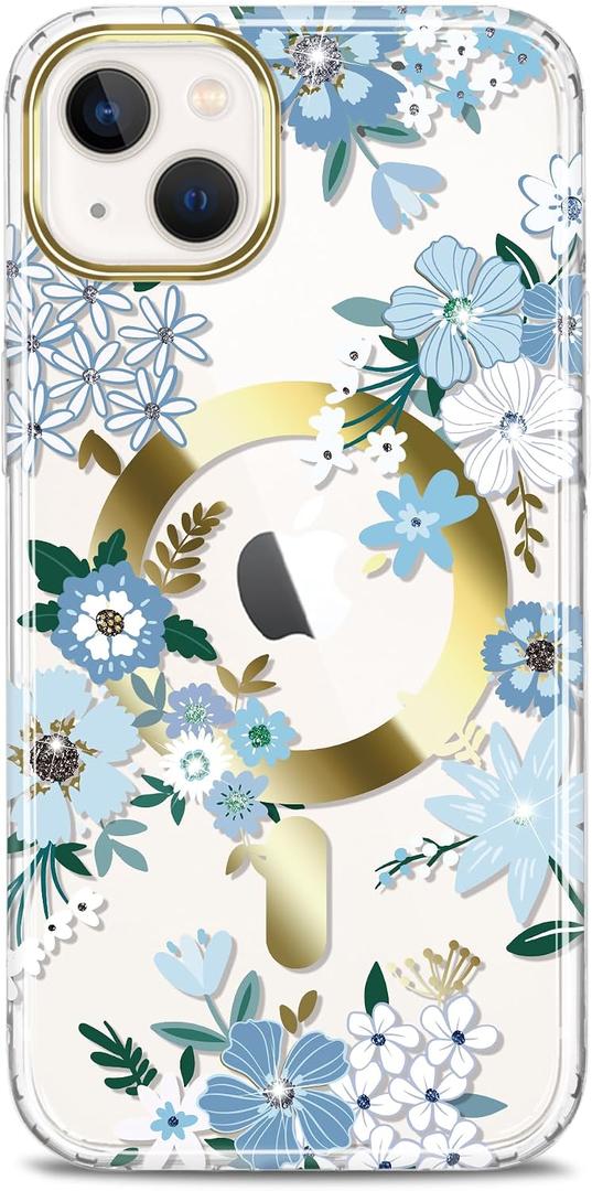 Magnetic Designed Clear Case for iPhone 14 iPhone 13, Compatible with MagSafe, Gold Plated Glitter Slim Shockproof Protective Women Girl Phone Case, Flower Mint Blue