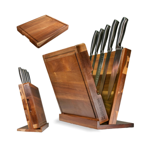 EDGE LINE Magnetic Knife Block Holder With Large 14 x 12 Inch Cutting Board, Premium Acacia Hard Wood Magnetic Knife Holder Rack for Kitchen Counter, 1.5 Inch Thick Butcher Block Cutting Board