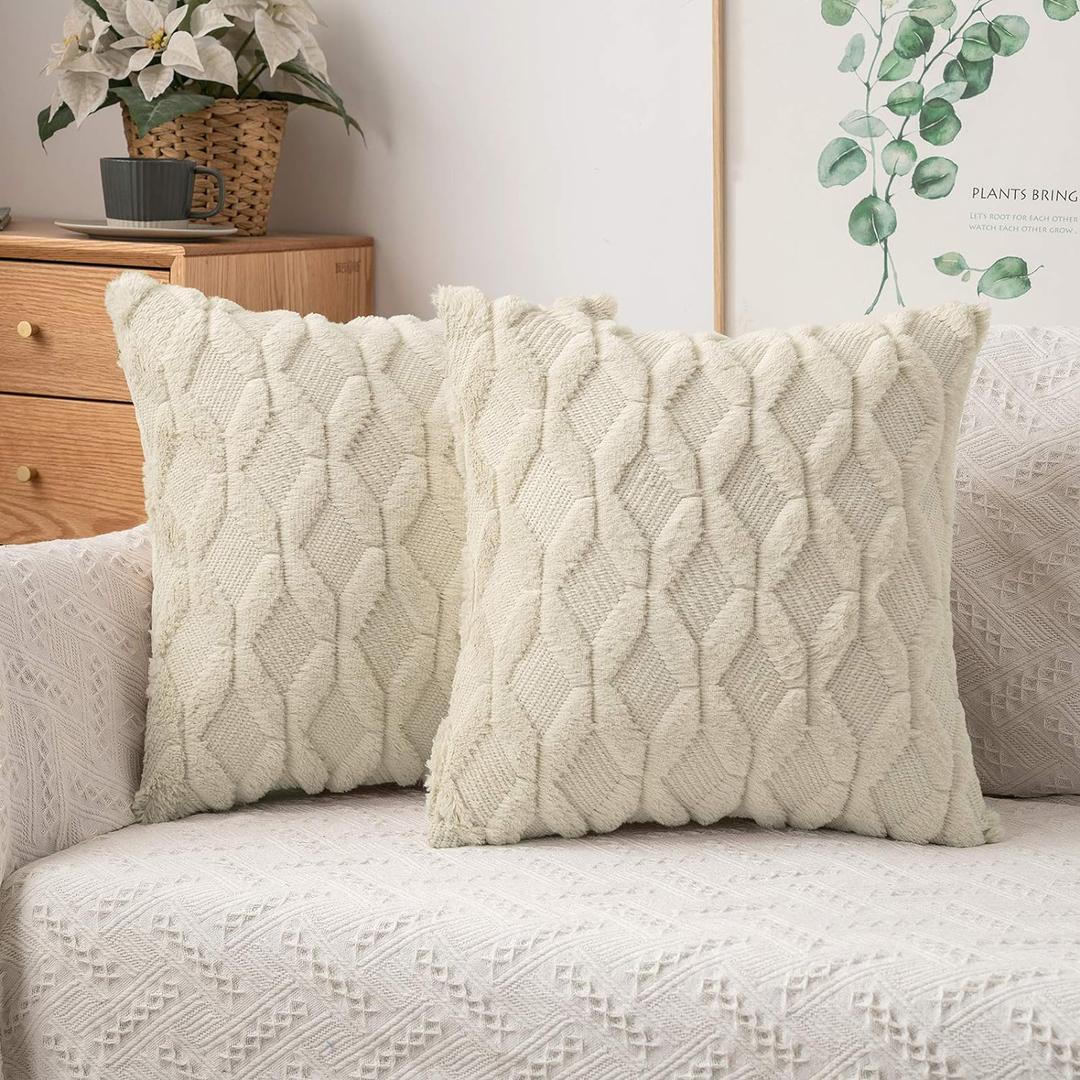 MIULEE Beige Christmas Throw Pillow Covers 18x18 Set of 2 Spring Decorative Farmhouse Couch Throw Pillows Boho Shells Cute Soft Plush Wool Winter Pillowcases for Bedroom Living Room Sofa (18" x 18" (Pack of 2), Beige)